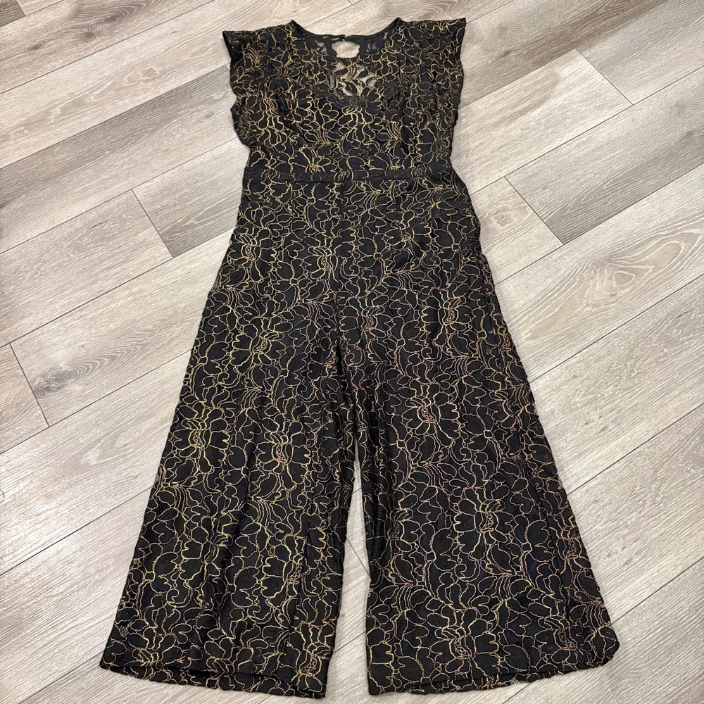 NWT Donna Ricco Black and Gold Floral Lace Jumpsuit Size 10